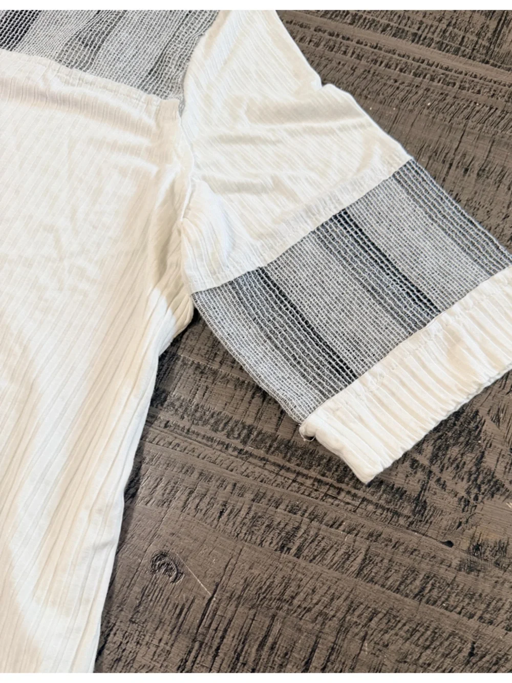POL White V-Neck Short 3/4 Sleeve Tee with Gray Striped Accents - Picture 10 of 10